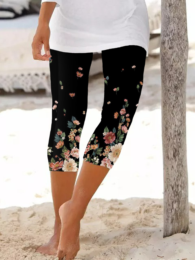Große Größen Geblümt Lässig Cropped Leggings