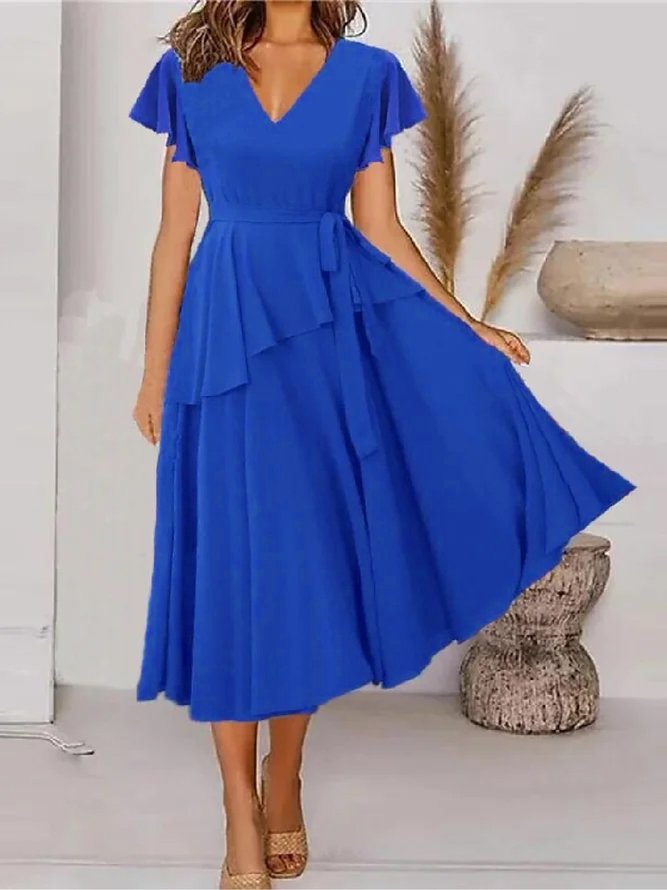 Lässig Unifarben V-Ausschnitt Kurzarm Gewebe Kleid