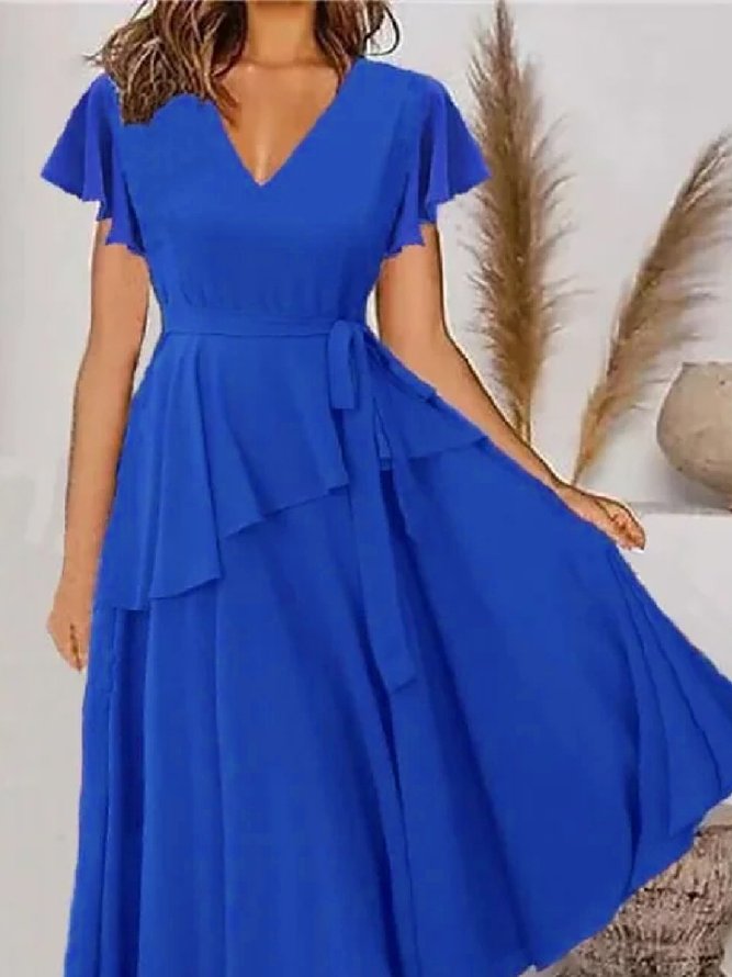 Lässig Unifarben V-Ausschnitt Kurzarm Gewebe Kleid