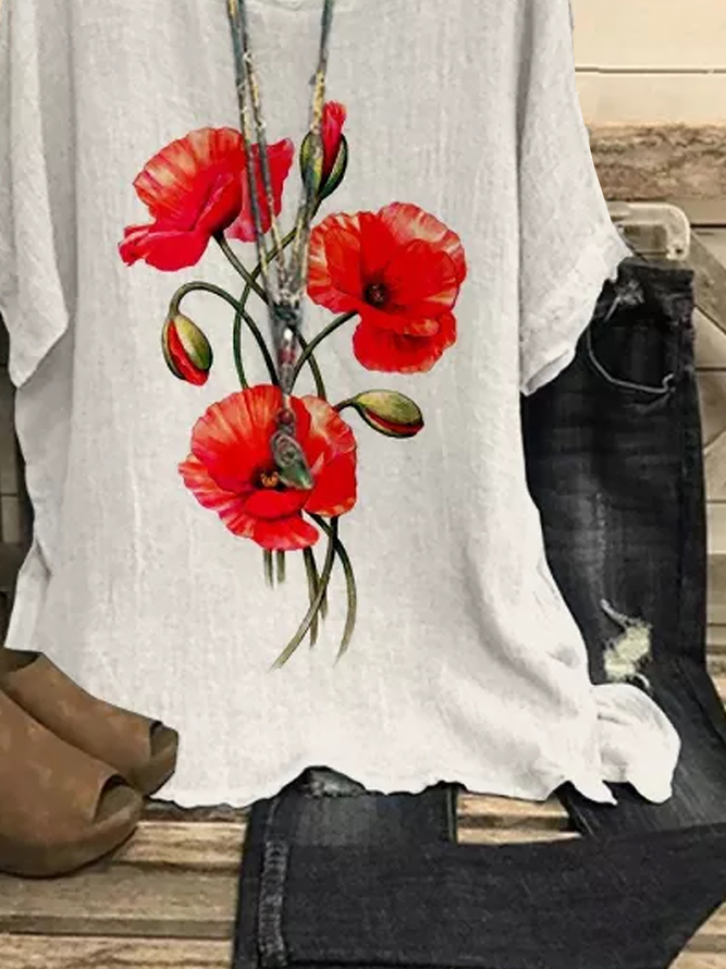 Leinen Baumwolle Blumenmuster Lässig Locker Große Größen Kurzarm Blusen & Shirts
