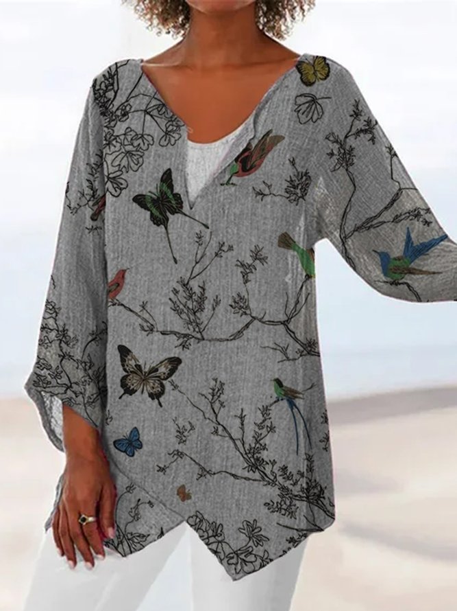 Lässig Geblümt Vogel Schmetterling V-Ausschnitt Große Größen Print Shirts & Blusen
