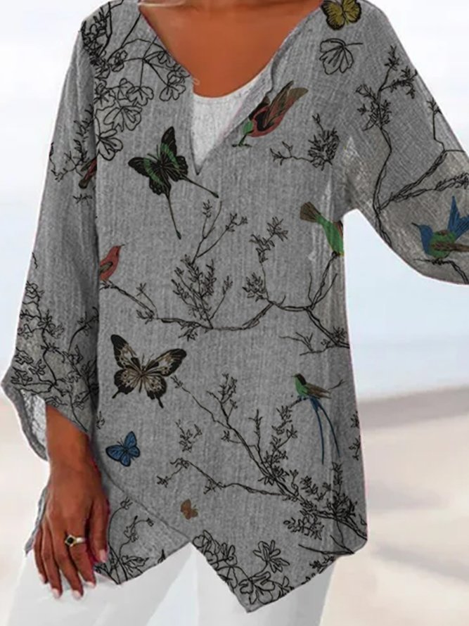 Lässig Geblümt Vogel Schmetterling V-Ausschnitt Große Größen Print Shirts & Blusen