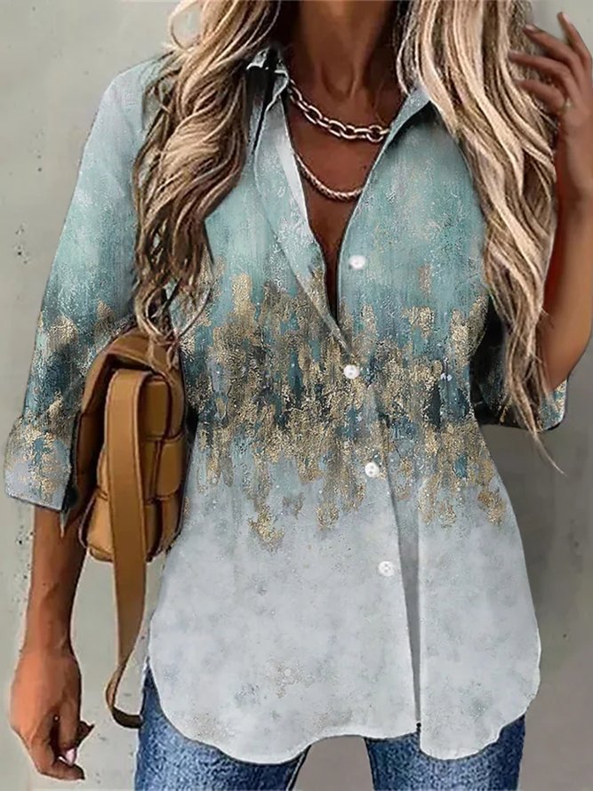 Lässig Langarm Hemdkragen Große Größen Print Bluse