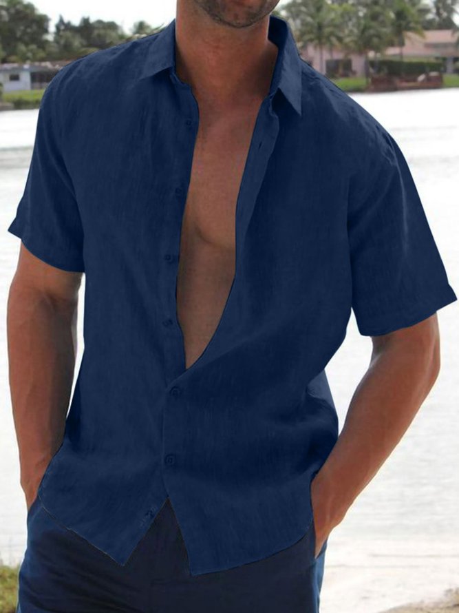 Herren Revers Unifarben Kurzarm Herren Leinen Bluse