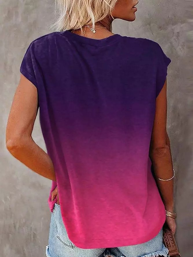Farbverlauf Lässig V-Ausschnitt ßverschluss Kurzarm T-Shirt