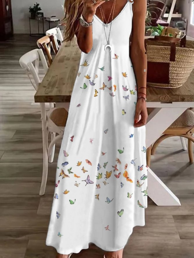Lässig Schmetterling Ärmellos V-Ausschnitt Print Kleid