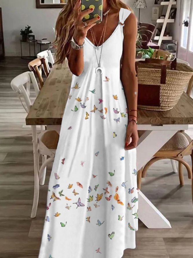 Lässig Schmetterling Ärmellos V-Ausschnitt Print Kleid
