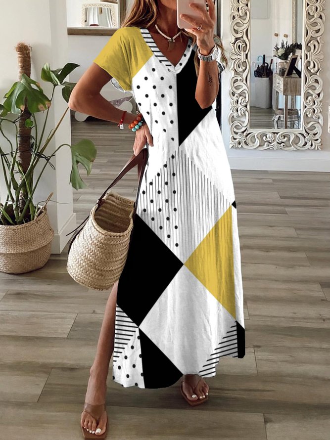 Lässig Geometrisch Kurzarm V-Ausschnitt Große Größen Print Kleid