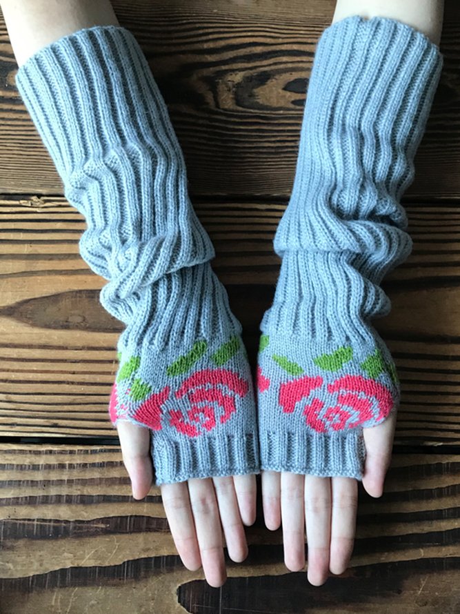 Rosa Jacquard Hälfte Finger Handschuhe Lang Wolle Ärmel Herbst und Winter Wärme Täglich Matching