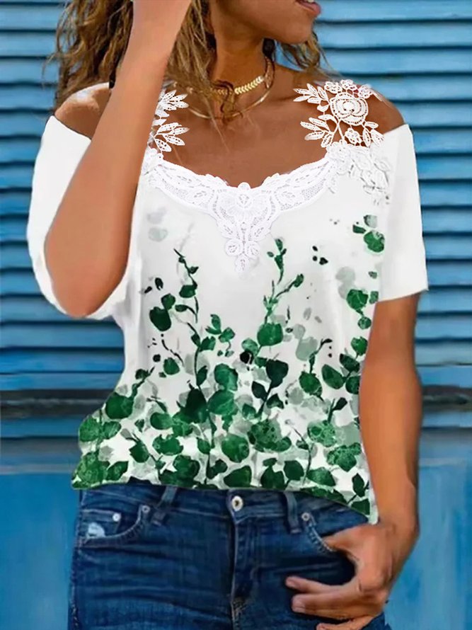Lässig Geblümt Kurzarm V-Ausschnitt Große Größen Print Shirts & Blusen T-Shirts