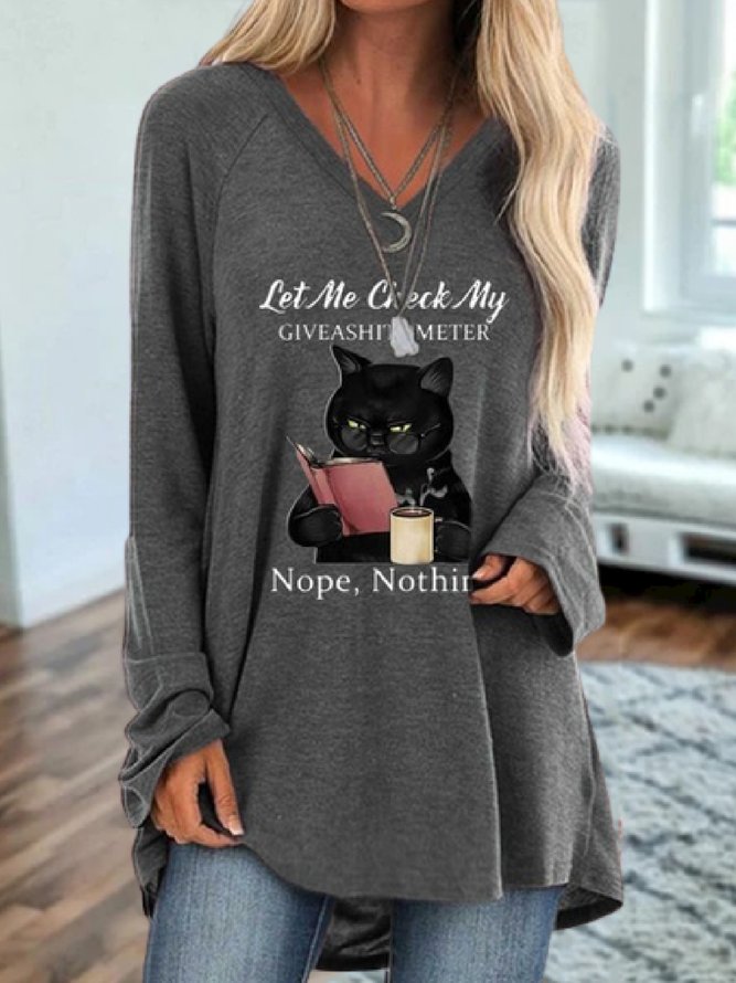 Lässig Textbriefe Katze V-Ausschnitt Langarm Weit T-Shirt