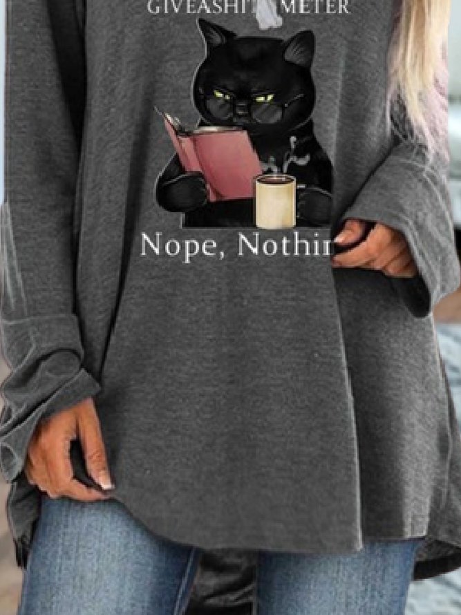 Lässig Textbriefe Katze V-Ausschnitt Langarm Weit T-Shirt