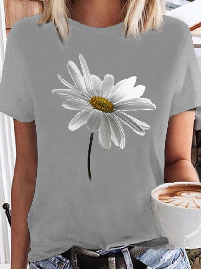 Lässig Sonnenblume Kurzarm Rundhals Große Größen Print Shirts & Blusen T-Shirts