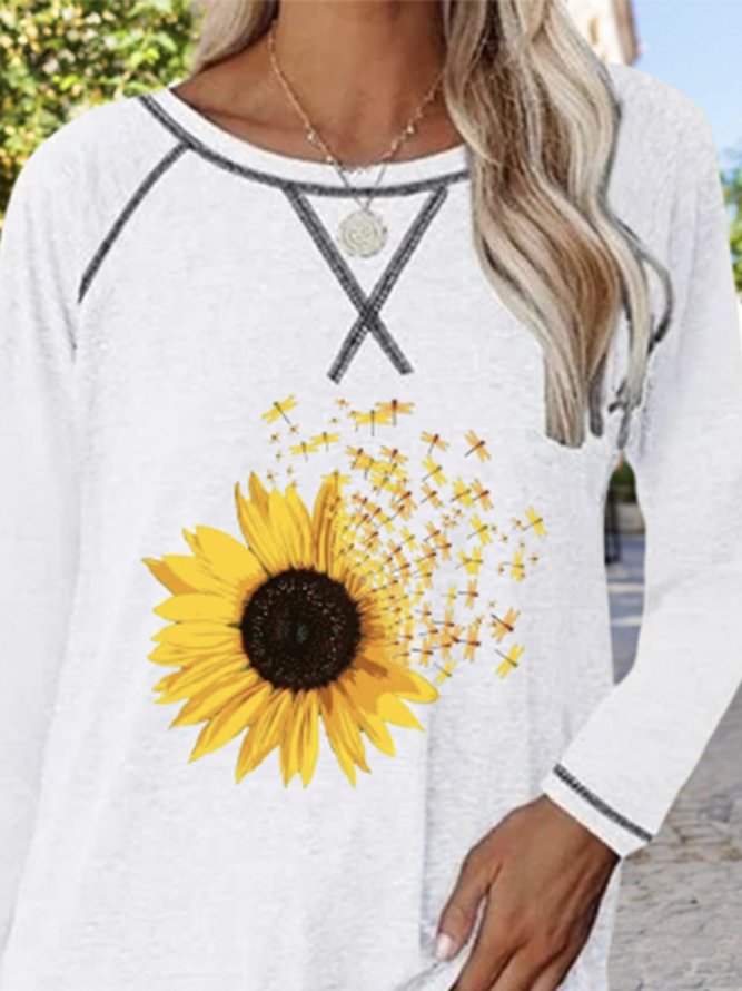 Sonnenblume Langarm Rundhals Große Größen Lässig T-Shirt