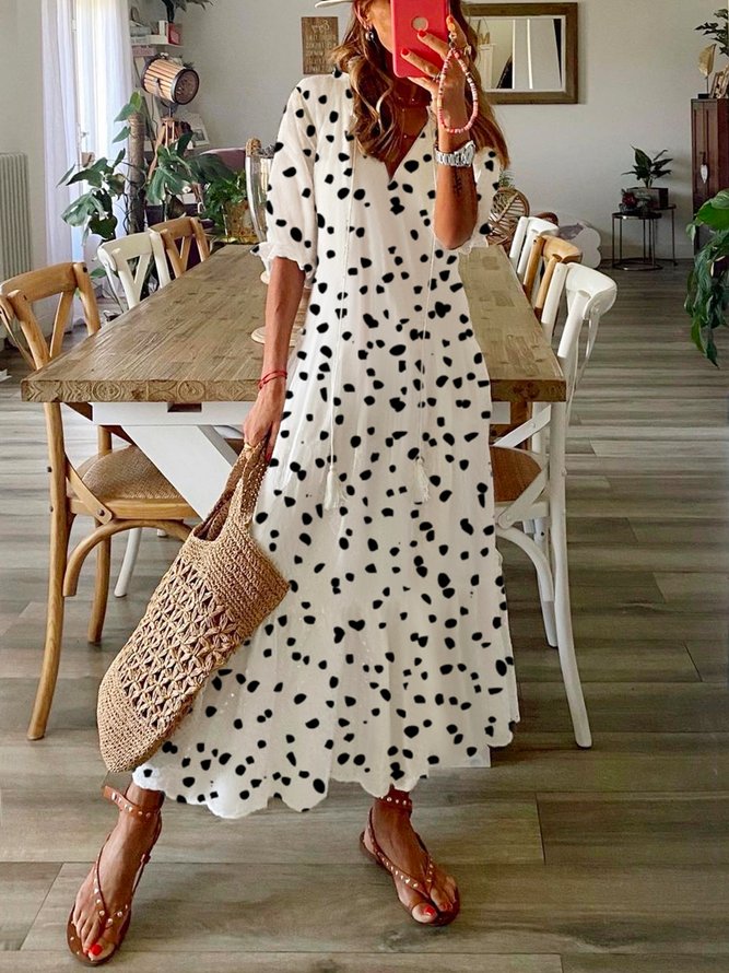 Polka Dots Lässig Herbst V-Ausschnitt Normal Leicht Täglich Weit Lang Kleider für Damen