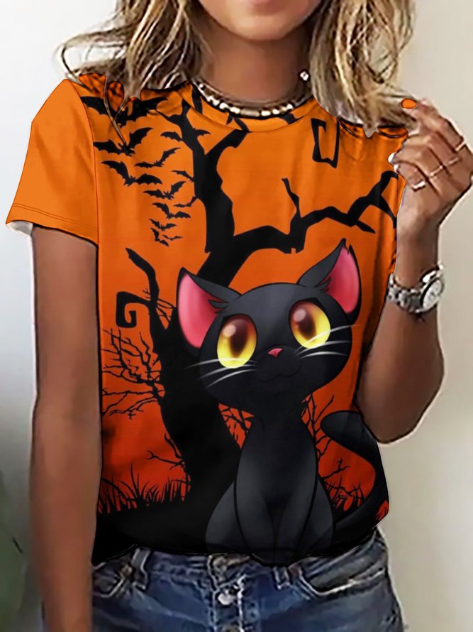 Damen Schwarz Katze Einfach Halloween Weit T-Shirt