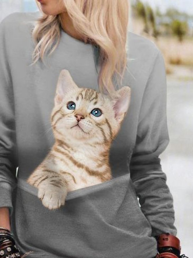 Katze Print Rundhals Weit Sweatshirts