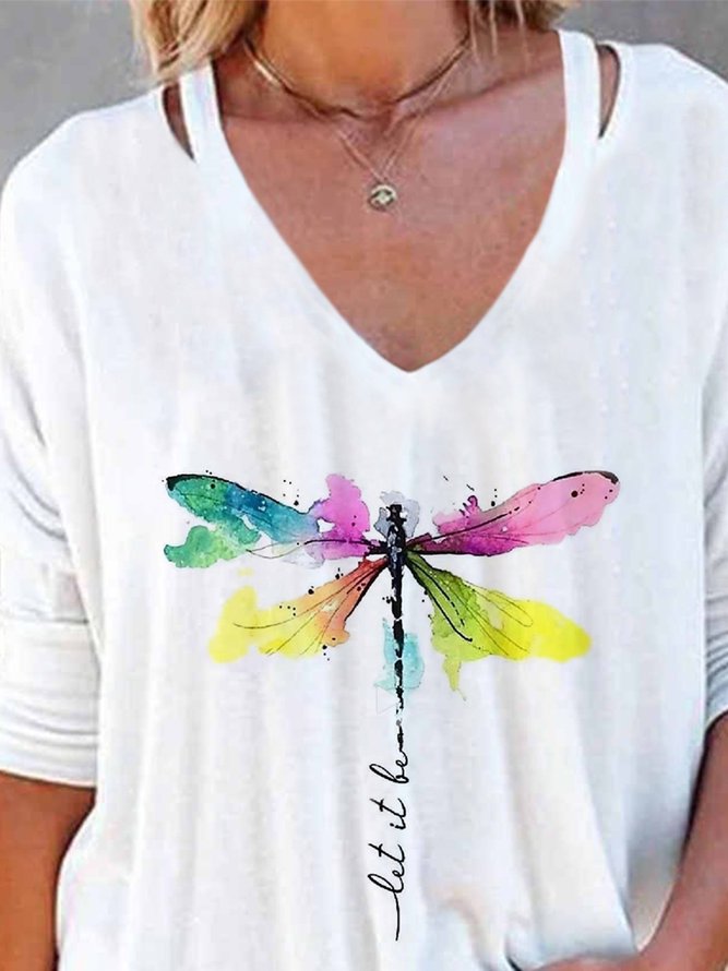 Libelle Langarm V-Ausschnitt Große Größen Lässig T-Shirt