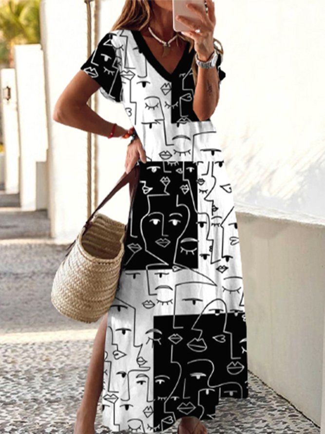 Lässig Abstrakt Kurzarm V-Ausschnitt Print Kleid