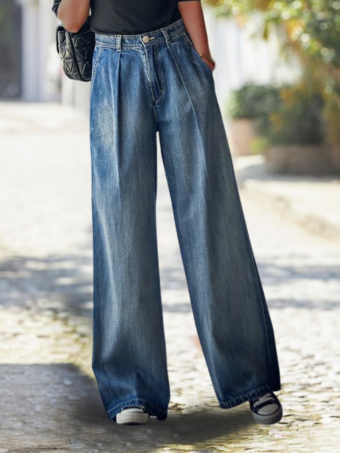 Unifarben Einfach Herbst Leicht Hoch Elastizität Täglich Weit Glatt Hosen H-Linie Jeans für Damen