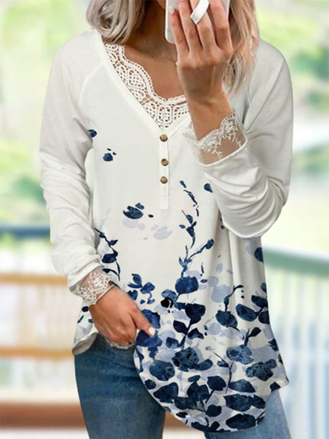 Lässig Geblümt Herbst Leicht Mikroelastizität Täglich Jersey Langarm Regelmäßig Größe Blusen & Shirts für Damen