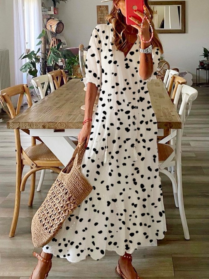 Polka Dots Lässig Herbst V-Ausschnitt Normal Leicht Täglich Weit Lang Kleider für Damen