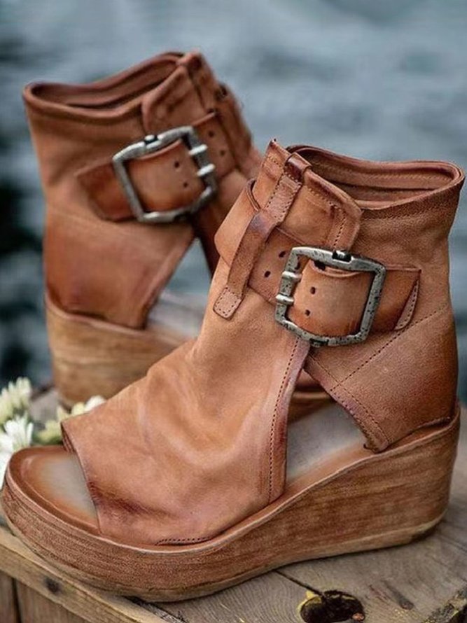 Retro Plateau Keil Fisch Mund Pantolette