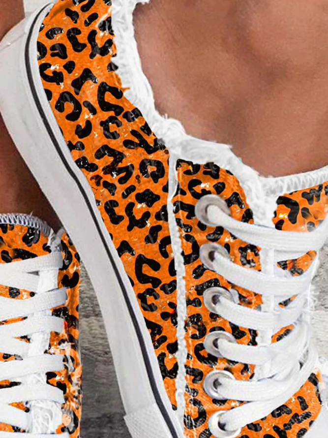 Damen Straße Alle Jahreszeiten Leopard Flach Segeltuch Stoff Heiß Liste Schnürung EVA Sneakers