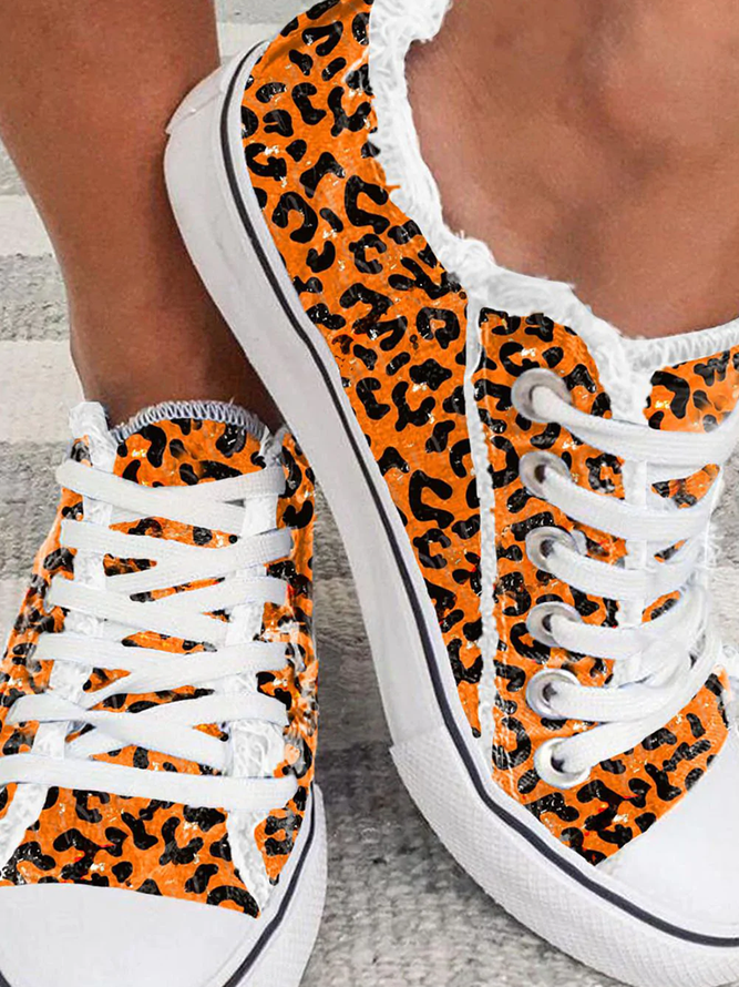 Damen Straße Alle Jahreszeiten Leopard Flach Segeltuch Stoff Heiß Liste Schnürung EVA Sneakers