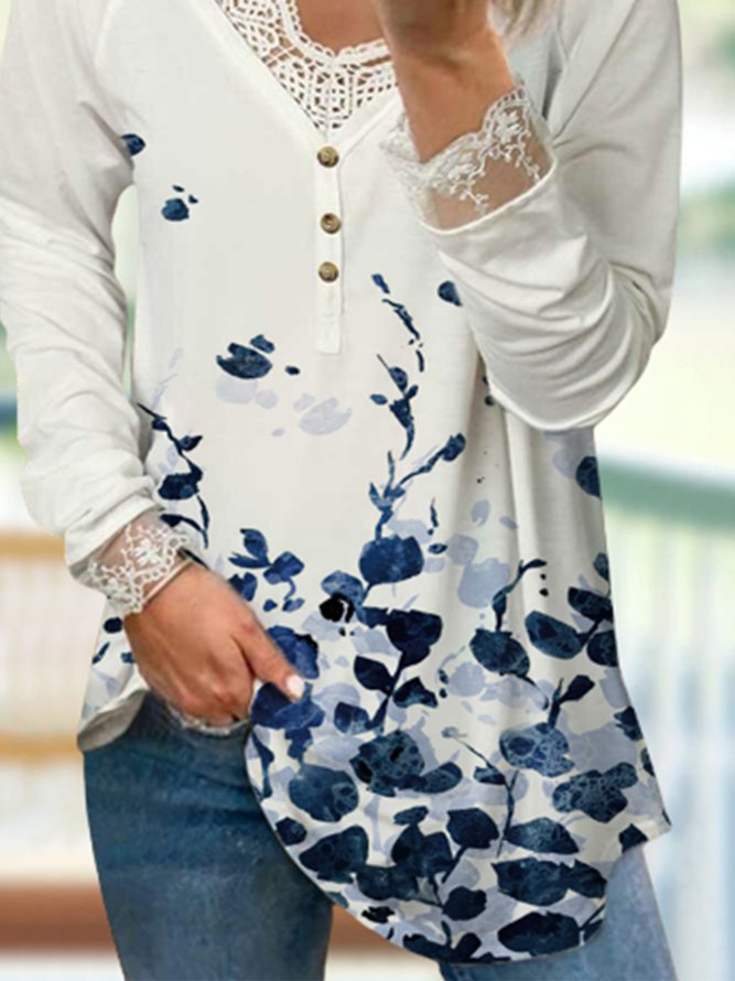 Lässig Geblümt Herbst Leicht Mikroelastizität Täglich Jersey Langarm Regelmäßig Größe Blusen & Shirts für Damen