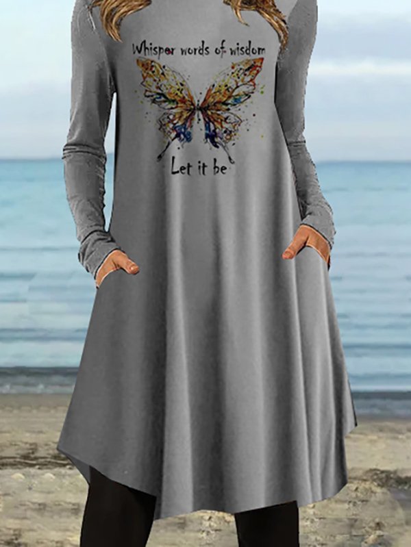 Damen Lässig Herbst Schmetterling Normal Standard Langarm Rundhals T-Shirt Kleid A-Linien Kleider