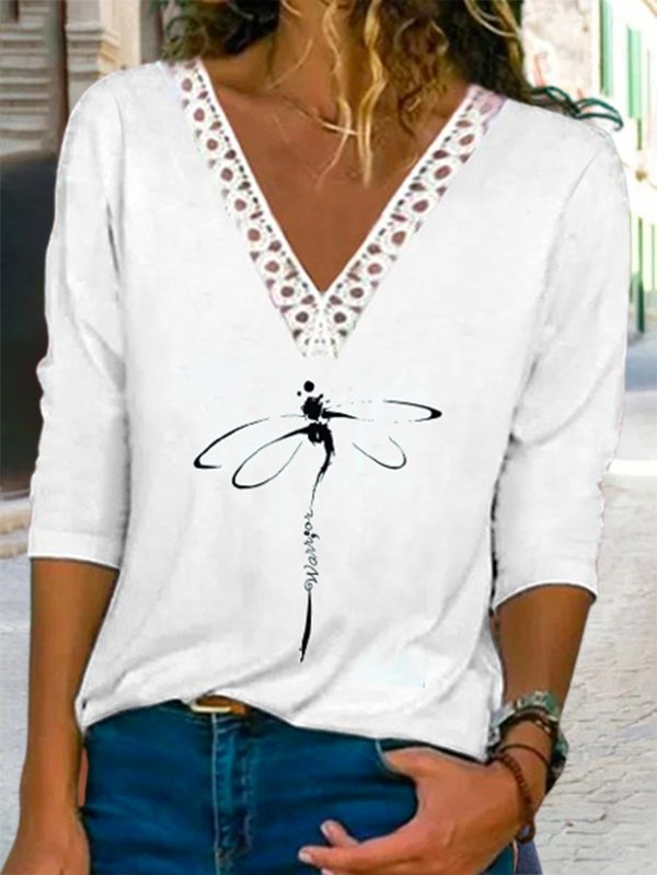 Damen Lässig Herbst Libelle V-Ausschnitt Leicht Täglich Langarm Regelmäßig H-Linie T-Shirt