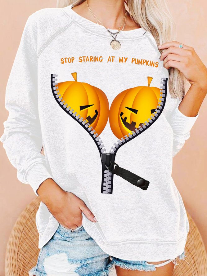 Damen Halloween Kostüm Kürbis Lustig Brüste Print Rundhals Sweatshirt