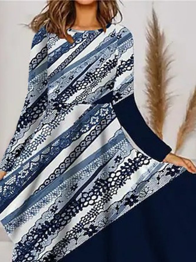 Lässig Abstrakt Herbst Mikroelastizität Täglich Jersey Langarm A-Linien Regelmäßig Größe Kleider für Damen