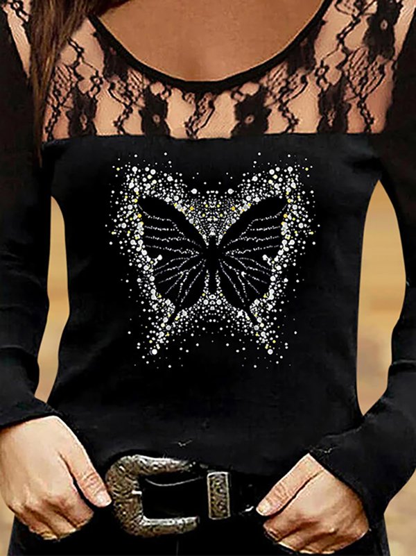 Lässig Herbst Schmetterling Leicht Mikroelastizität Regelmäßige Passform Jersey H-Linie Regelmäßig Größe Blusen & Shirts für Damen