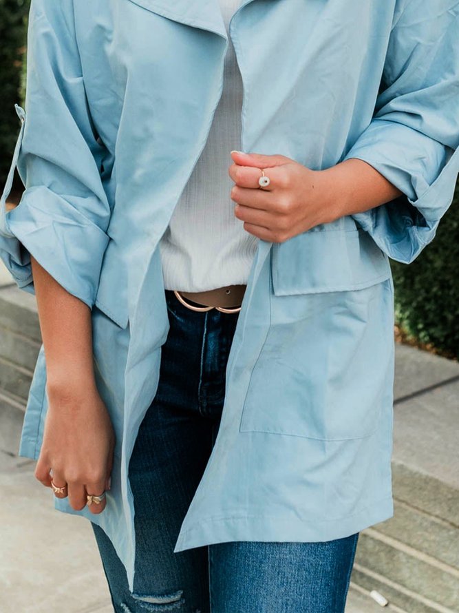 Damen Lässig Unifarben Herbst Polyester Normal Standard Revers Ausschnitt Mittellang H-Linie Jacke