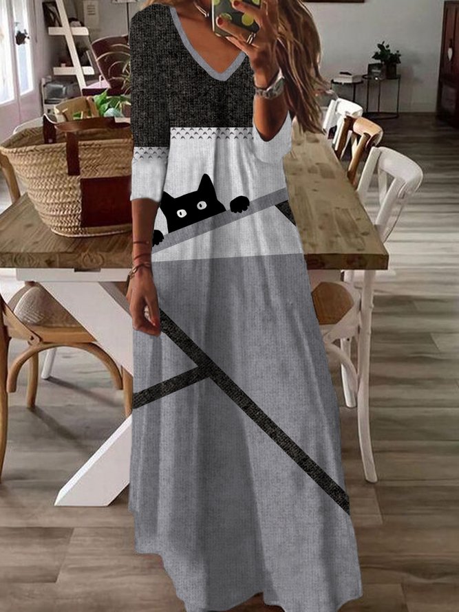 Geometrisch Lässig Herbst Polyester Bestseller Langarm A-Linien Regelmäßig Regelmäßig Größe Kleider für Damen