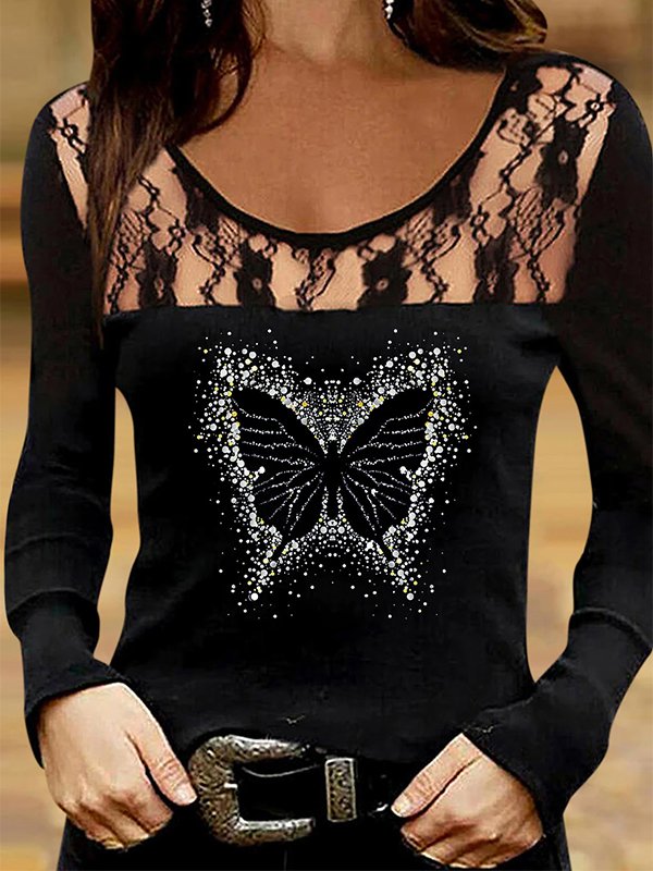 Lässig Herbst Schmetterling Leicht Mikroelastizität Regelmäßige Passform Jersey H-Linie Regelmäßig Größe Blusen & Shirts für Damen
