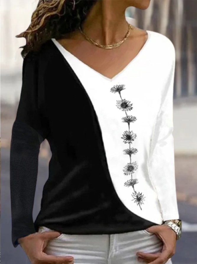 Lässig Geblümt Herbst Mikroelastizität Weit Jersey Standard H-Linie Regelmäßig Größe T-Shirt für Damen