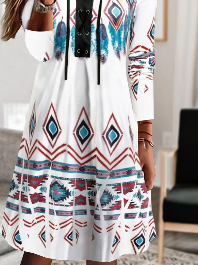 Damen Lässig Ethnisch Herbst V-Ausschnitt Normal Midi 1 * Kleid A-Linien Regelmäßig Größe Kleider