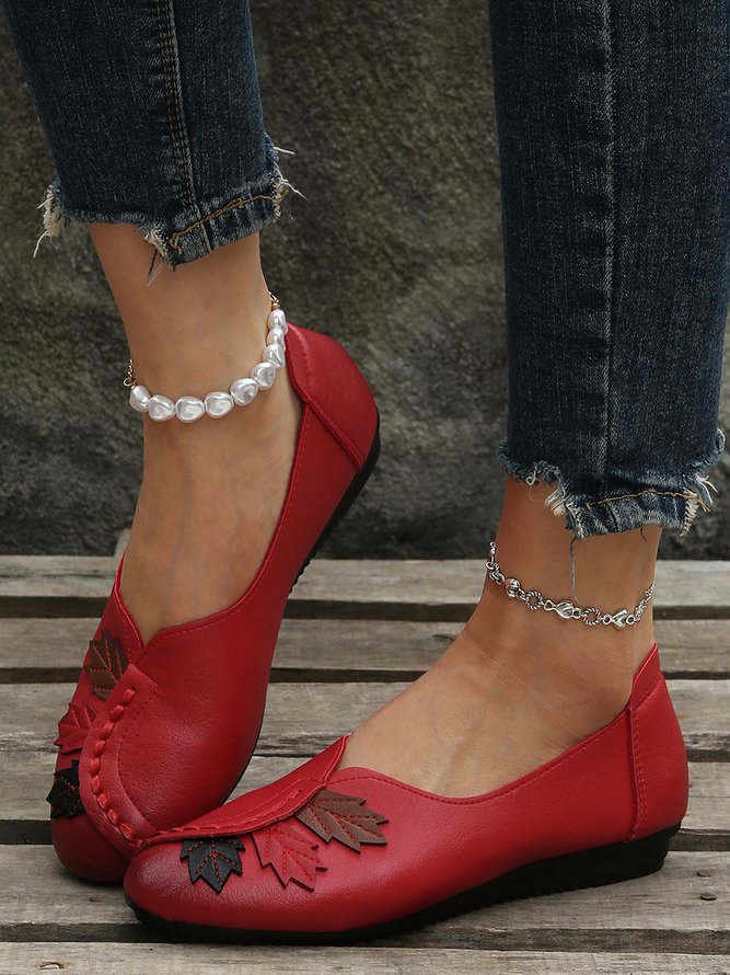Damen Retro Blätter Alle Jahreszeiten Flach Rund PU Gummi Rutschfest Flache Schuhe Slippers
