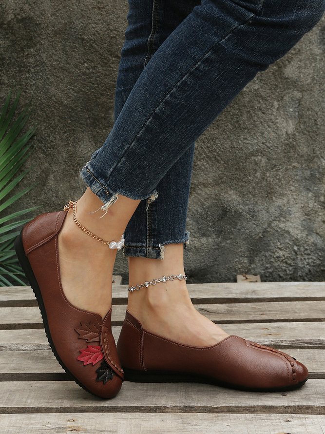 Damen Retro Blätter Alle Jahreszeiten Flach Rund PU Gummi Rutschfest Flache Schuhe Slippers