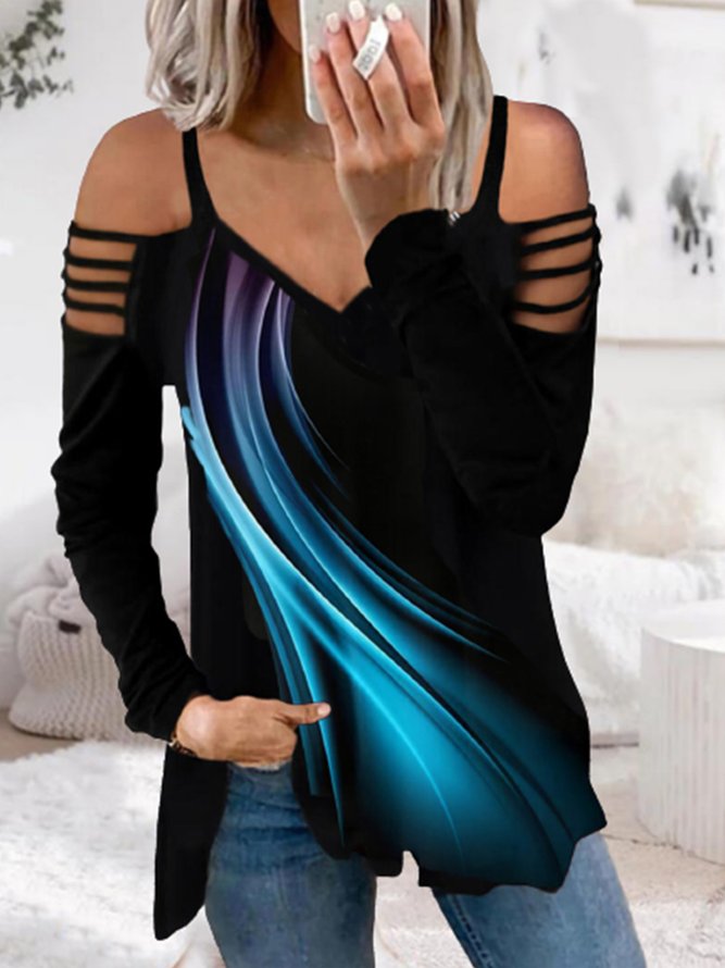 Geometrisch Lässig Herbst V-Ausschnitt Täglich Weit Langarm H-Linie Regelmäßig Größe Blusen & Shirts für Damen