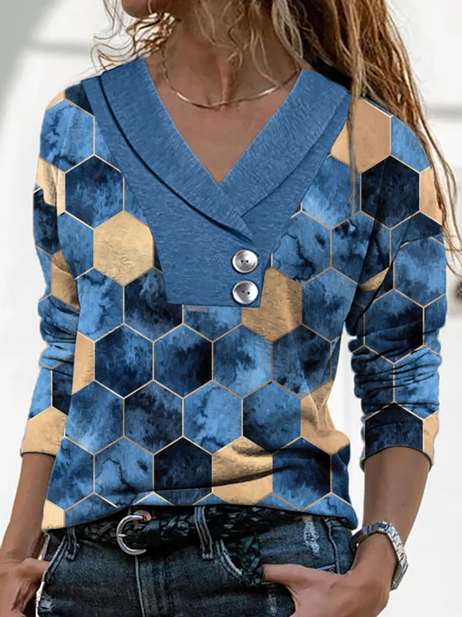 Geometrisch Lässig Herbst V-Ausschnitt Täglich Weit Jersey Bestseller Regelmäßig Blusen & Shirts für Damen