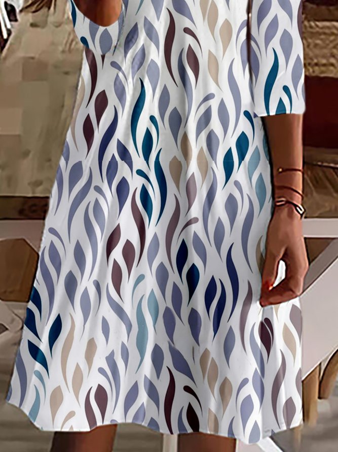 Geometrisch Lässig Herbst Leicht Täglich Midi 3/4 Ärmel T-Shirt Kleid A-Linien Kleider für Damen