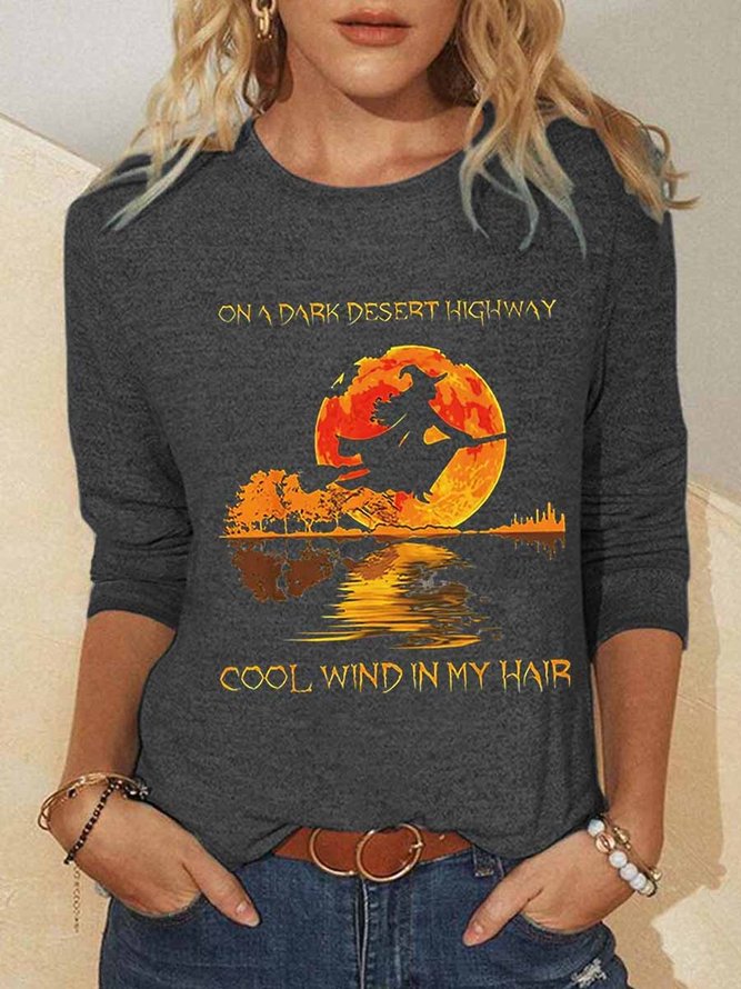 Damen AUF EINEN DUNKEL Wüste Autobahn cool Wind im meine Haar Halloween Textbriefe Oberteile