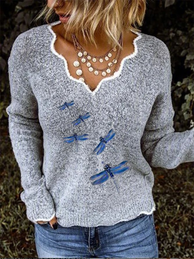 Lässig Herbst Libelle V-Ausschnitt Täglich Standard Regelmäßig H-Linie Regelmäßig Größe Pullover für Damen