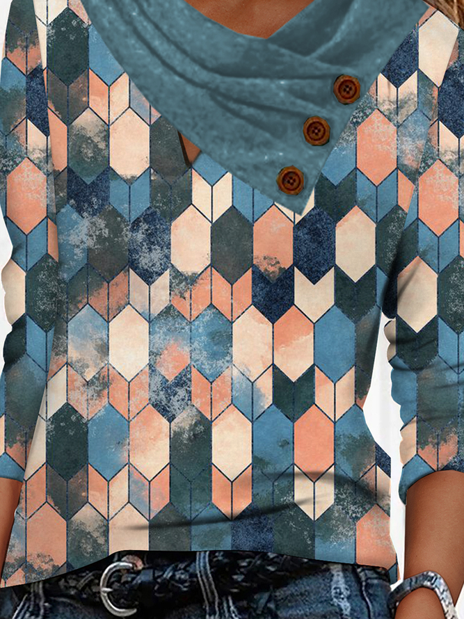 Geometrisch Lässig Herbst Mikroelastizität Täglich Weit Jersey Langarm Schalkragen Blusen & Shirts für Damen