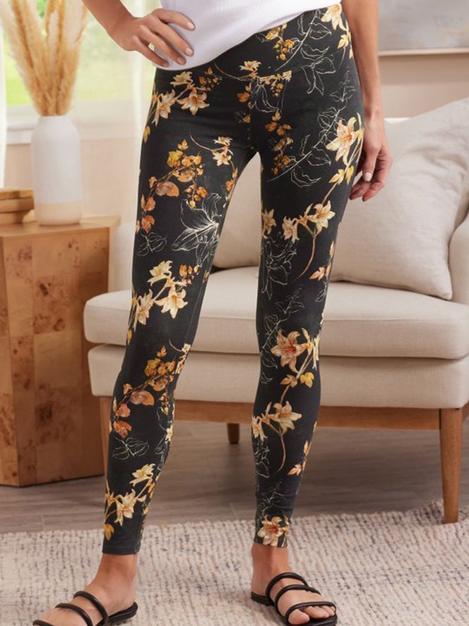 Lässig Geblümt Herbst Leicht Hoch Elastizität Mittlere Taille Gummiband Lang Regelmäßig Größe Leggings für Damen