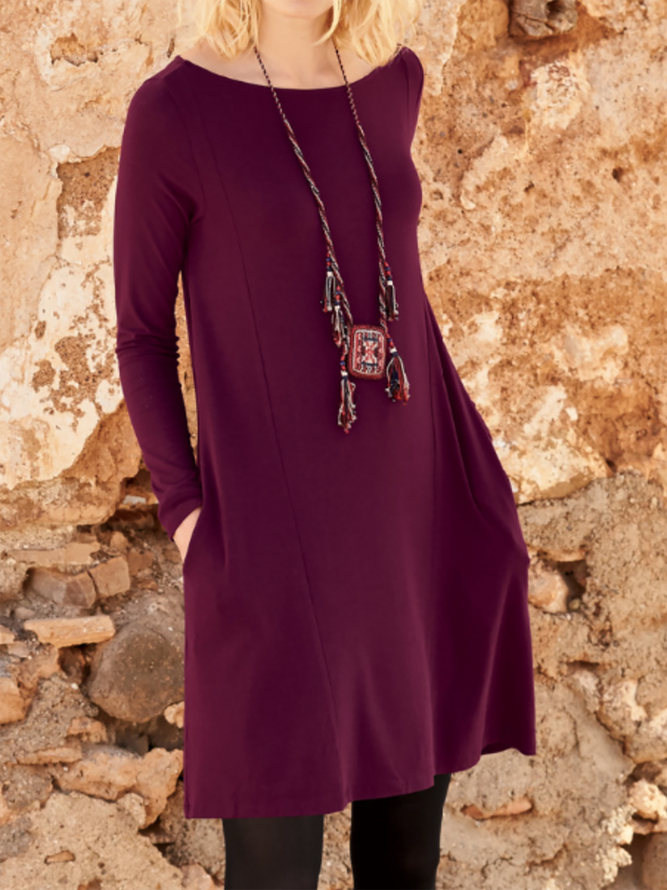 Lässig Unifarben Herbst Normal Mikroelastizität Täglich Rock Langarm Regelmäßig Kleider für Damen